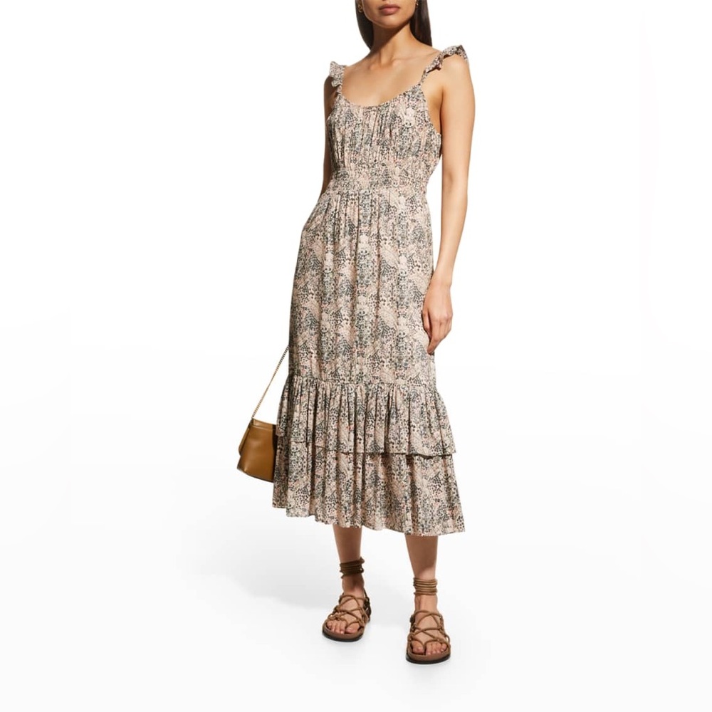 Paige Gisella Abstract Printed Pleated Tiered Midi Dress